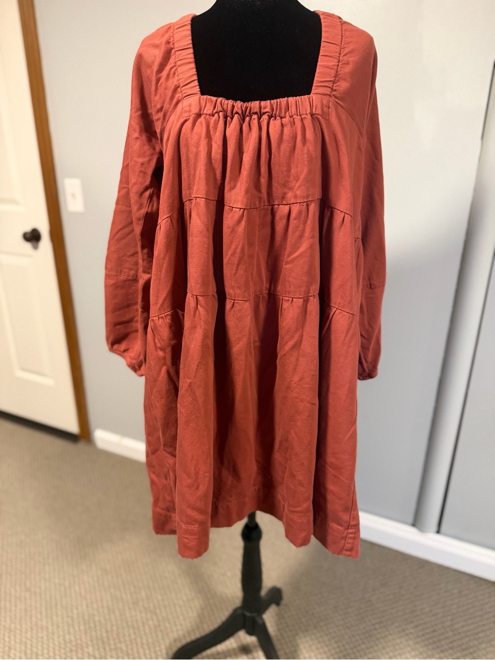 Free People Rust Orange Tiered Mini Dress Size Large Square Neck Cotton Boho - Picture 2 of 6